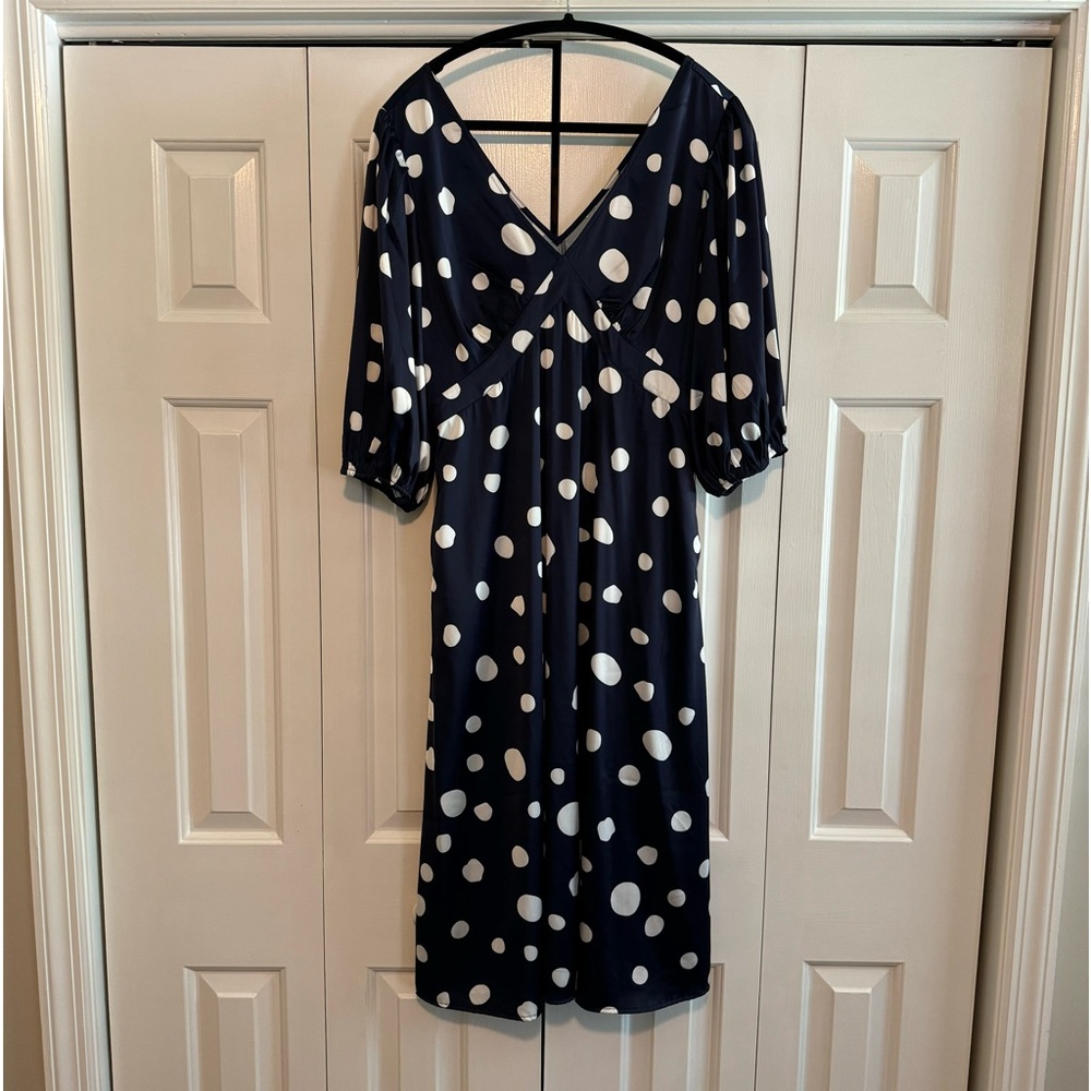 The Drop navy blue polka dot midi dress with v-neck and v-back, pockets, Size M.